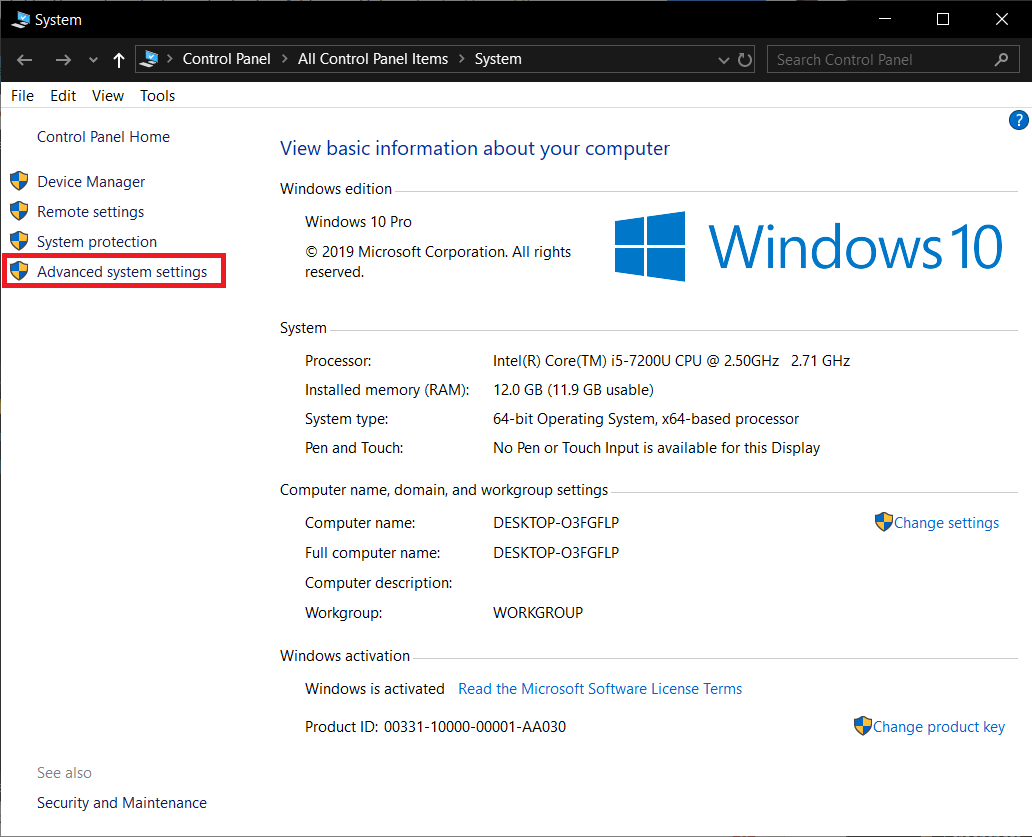 En la siguiente ventana, haga clic en Configuración avanzada del sistema |  Solucionar el error de actualización de Windows 80244019