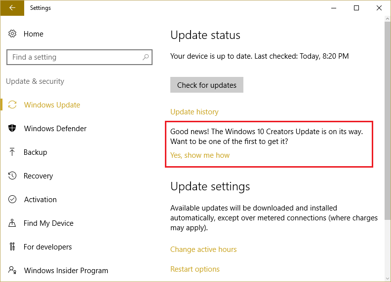 Deshabilitar el aviso de Windows Creators Update en Windows Update