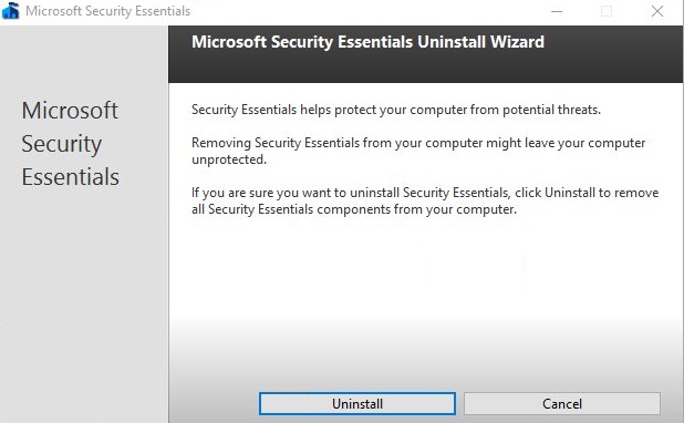 Seleccione Desinstalar en la ventana del cliente de seguridad de Microsoft