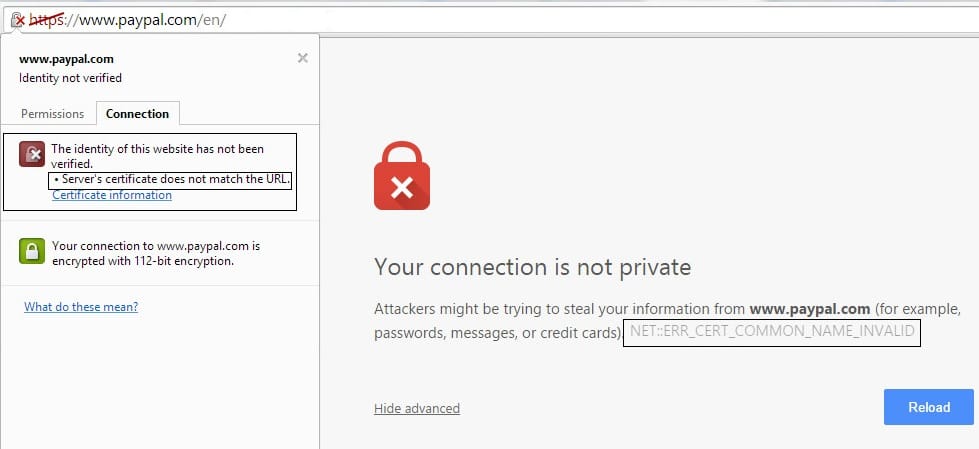 El certificado del servidor de Google Chrome no coincide con la corrección de URL