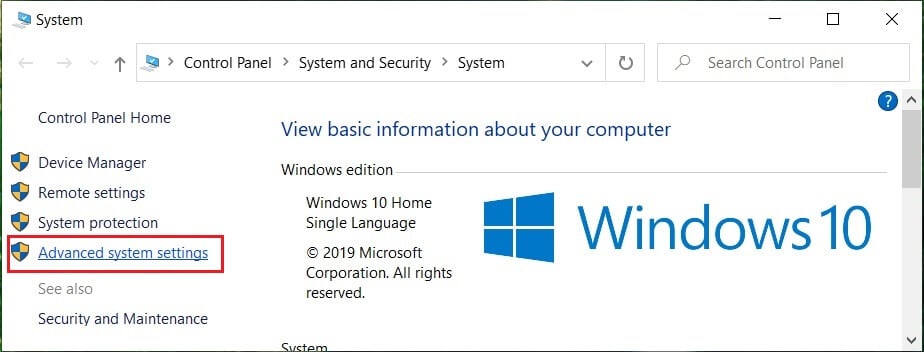 Haga clic en Configuración avanzada del sistema en el menú del lado izquierdo