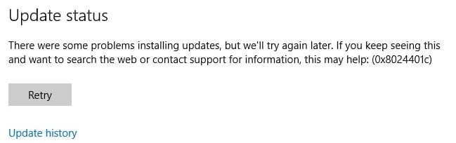 Solucionar el error de actualización de Windows 0x8024401c
