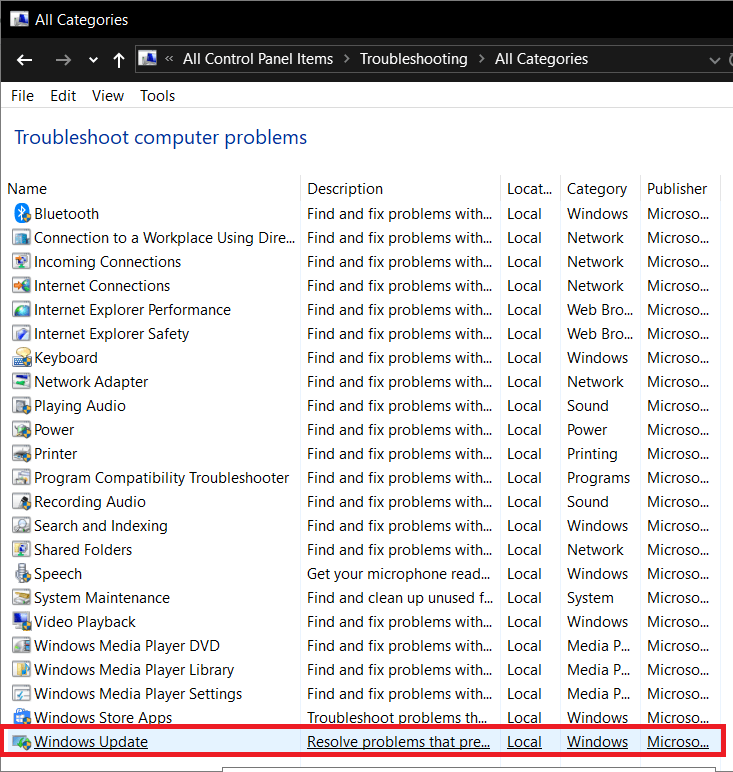 Desplácese hacia abajo hasta encontrar Windows Update y haga doble clic en él
