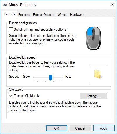 Habilitar o deshabilitar Mouse ClickLock en Windows 10