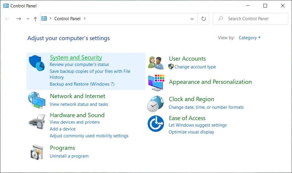 Haga clic en Sistema y seguridad |  Iniciar manualmente el mantenimiento automático en Windows 10