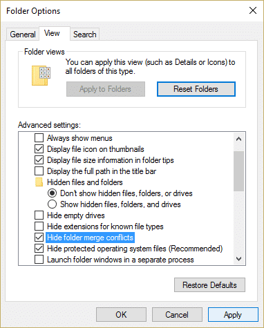 Mostrar u ocultar conflictos de combinación de carpetas en Windows 10