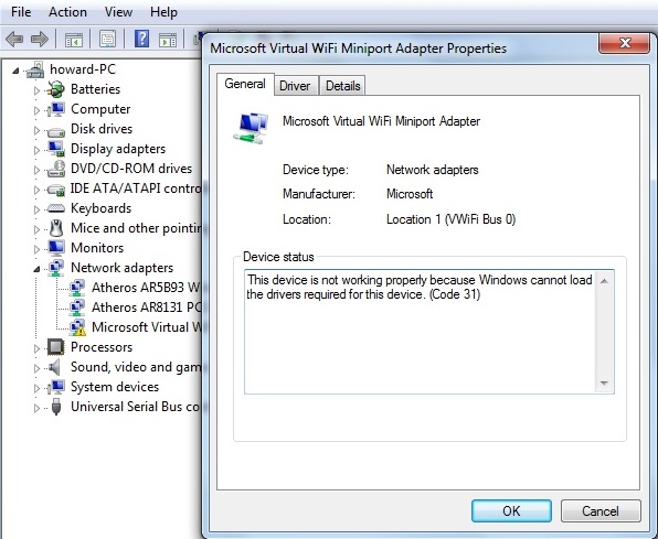 Problema con el controlador del adaptador de minipuerto Wifi virtual de Microsoft (código de error 31)