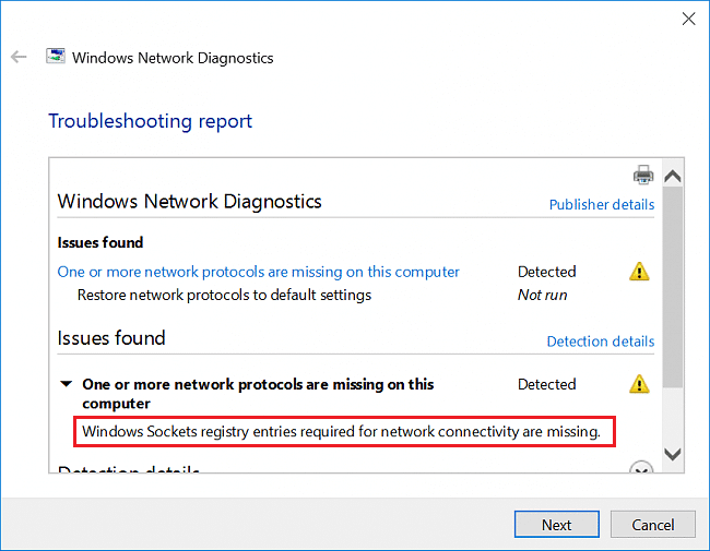 Corrige el error de falta de entradas de registro de sockets de Windows necesarias para la conectividad de red