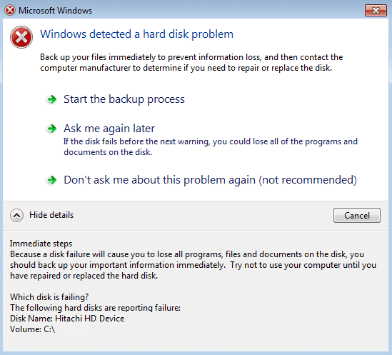 Reparar Windows detectó un problema en el disco duro
