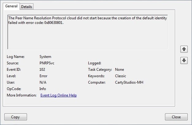 La nube del Protocolo de resolución de nombres de pares no se inició porque la creación de la identidad predeterminada falló con el código de error: 0x80630801