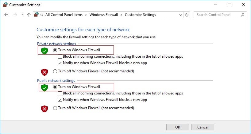 Seleccione Activar Firewall de Windows y luego haga clic en Aceptar