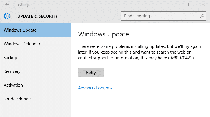 Solucionar el error de actualización de Windows 10 0x80070422