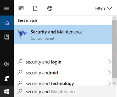 Escriba seguridad en la búsqueda de Windows y luego haga clic en Seguridad y mantenimiento |  Solucionar errores de pantalla azul REGISTRY_ERROR