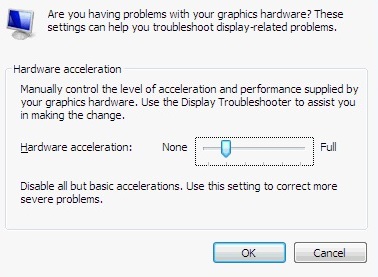 Arrastre el control deslizante Aceleración de hardware a Ninguno