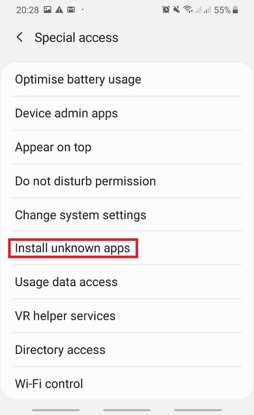 De la lista, seleccione la opción Instalar aplicaciones desconocidas.
