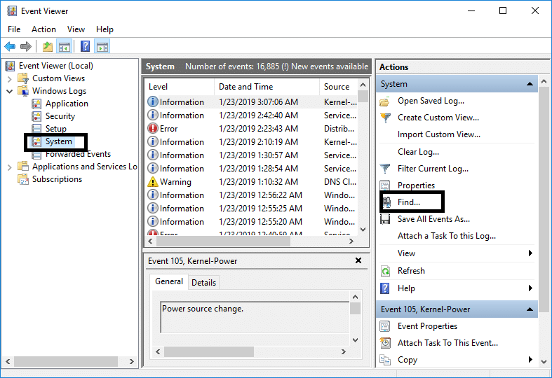 Navegue a Registros de Windows, luego a Sistema y luego haga clic en la opción Buscar