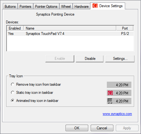 Resalte y seleccione su Synaptics Touchpad y haga clic en Configuración