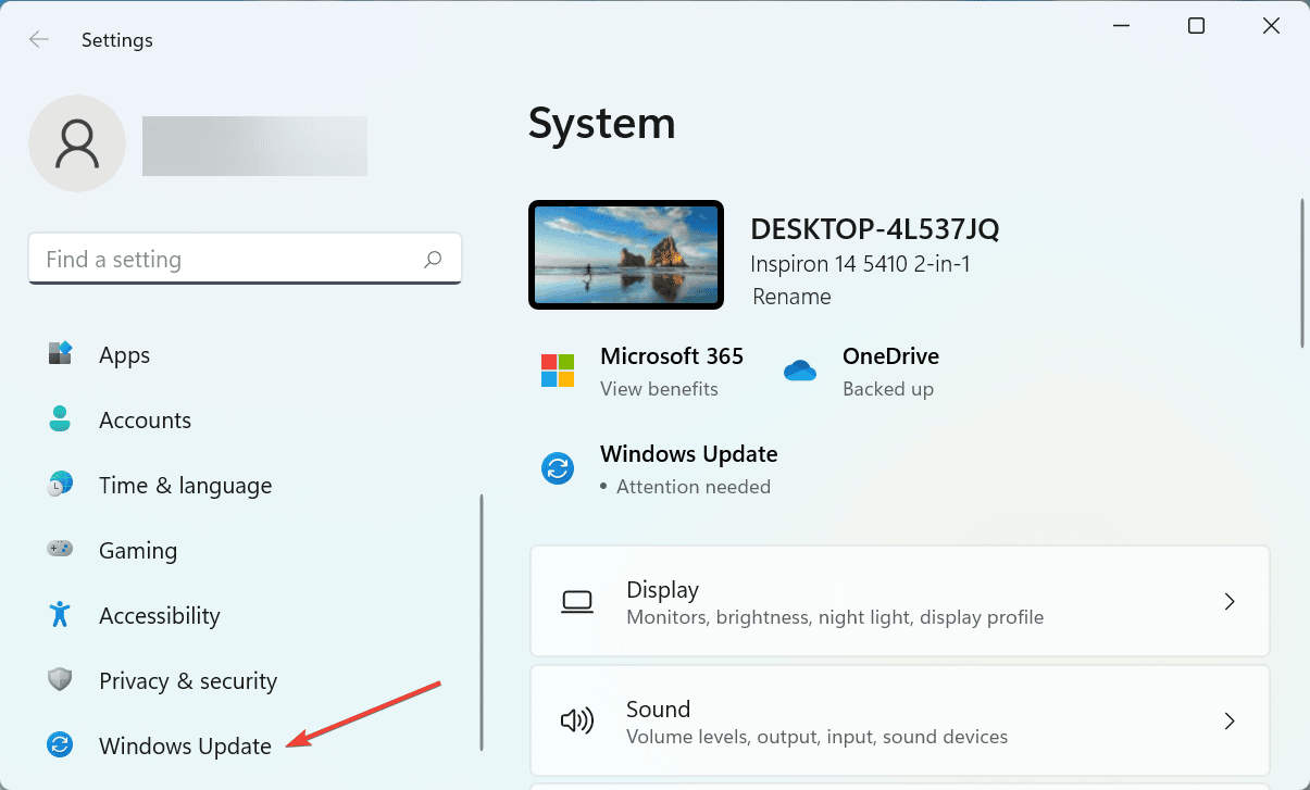 Pestaña de actualización de Windows