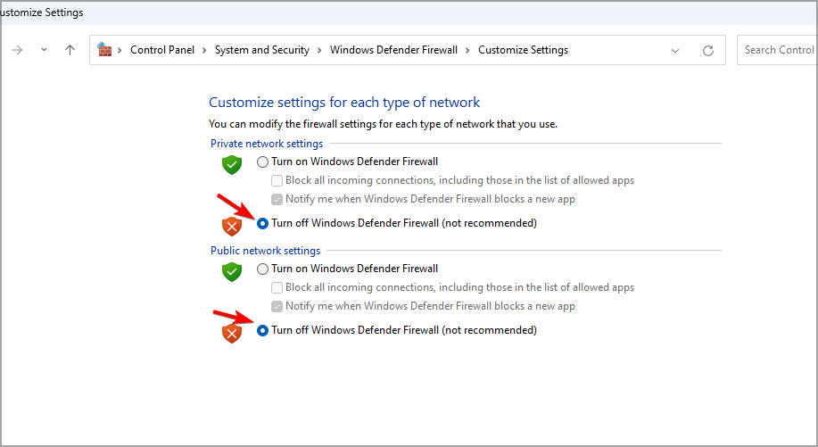 seleccione Desactivar el Firewall de Windows Defender