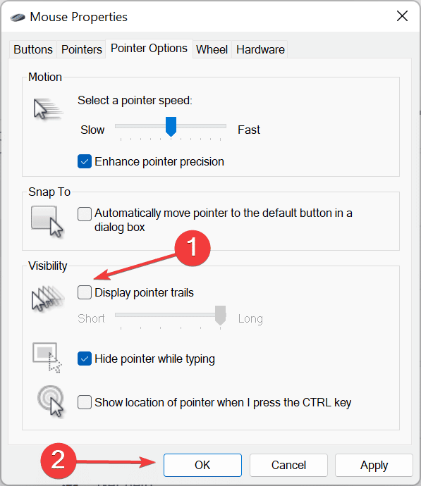 Deshabilite el rastro del puntero de la pantalla para corregir el retraso del mouse bluetooth de Windows 11