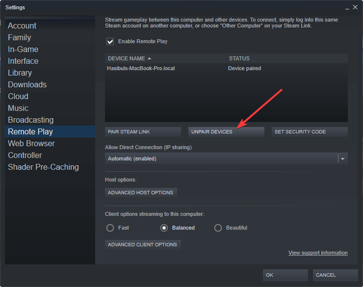 desemparejar la aplicación de vapor del dispositivo Steam Link