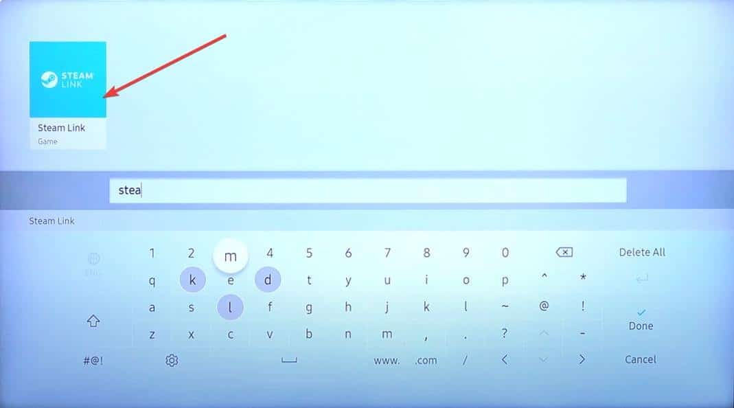 búsqueda de la aplicación steam link smart tv