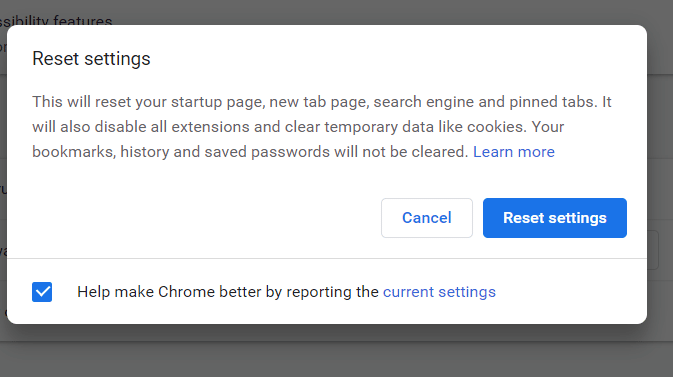 Botón Restablecer configuración Se produjo un error al ejecutar el contenido de Unity en esta página Chrome
