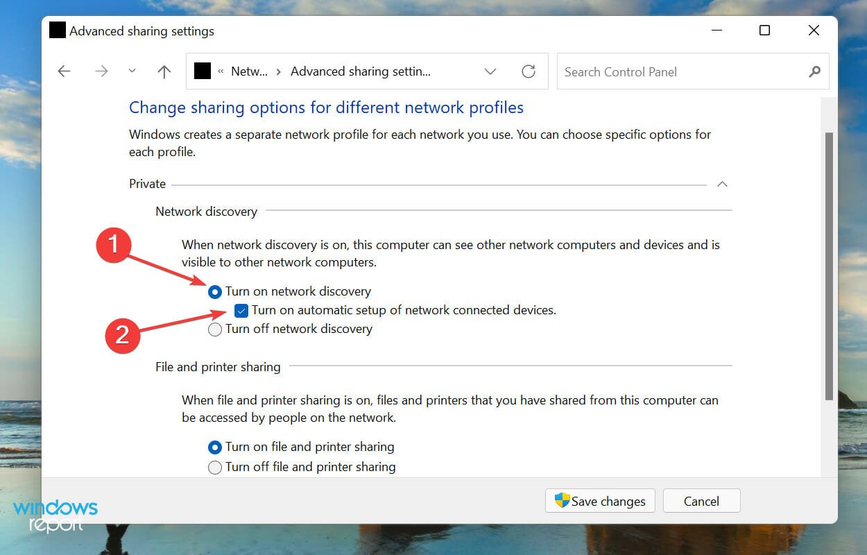 Active el uso compartido de la red para ver cómo compartir la pantalla de Windows 11 a la TV