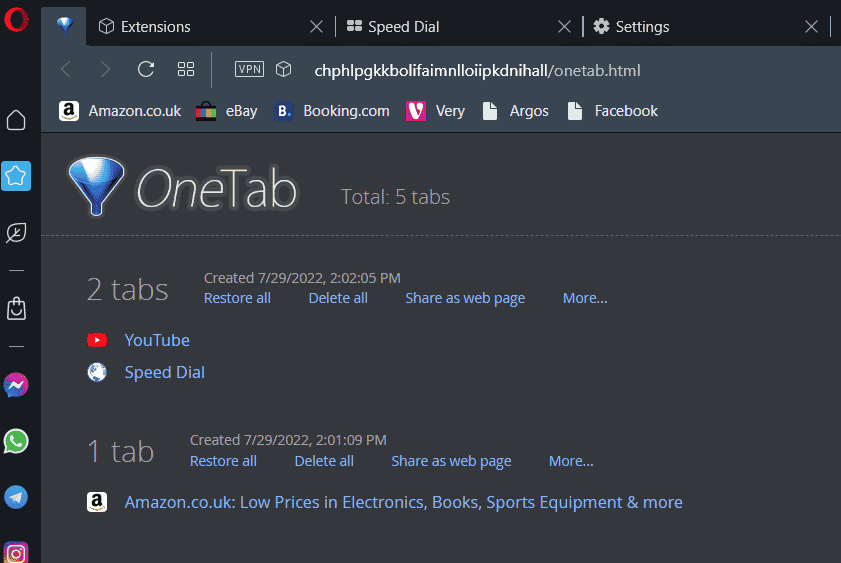 El uso de RAM del navegador Opera de la extensión OneTab
