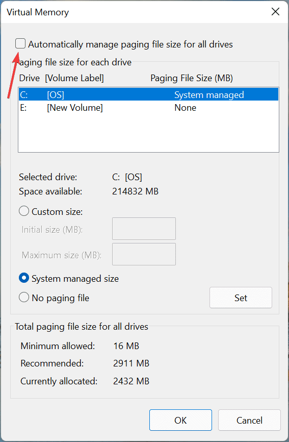 Desmarque la casilla de verificación para aumentar la memoria virtual en Windows 11