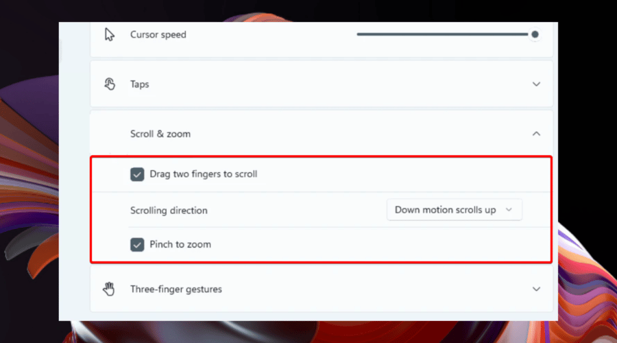 configuración de gestos del panel táctil de zoom