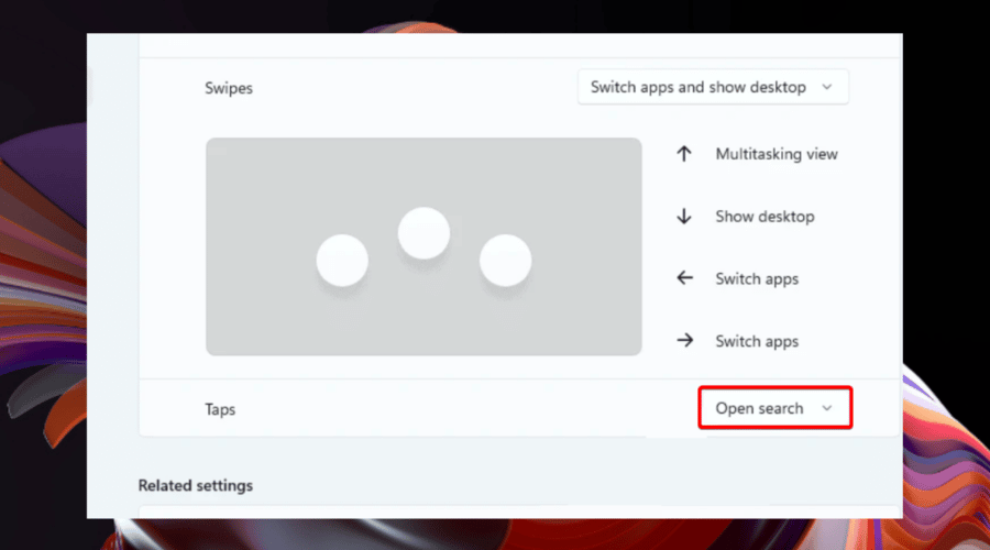 toques configuración del panel táctil gestos con tres dedos