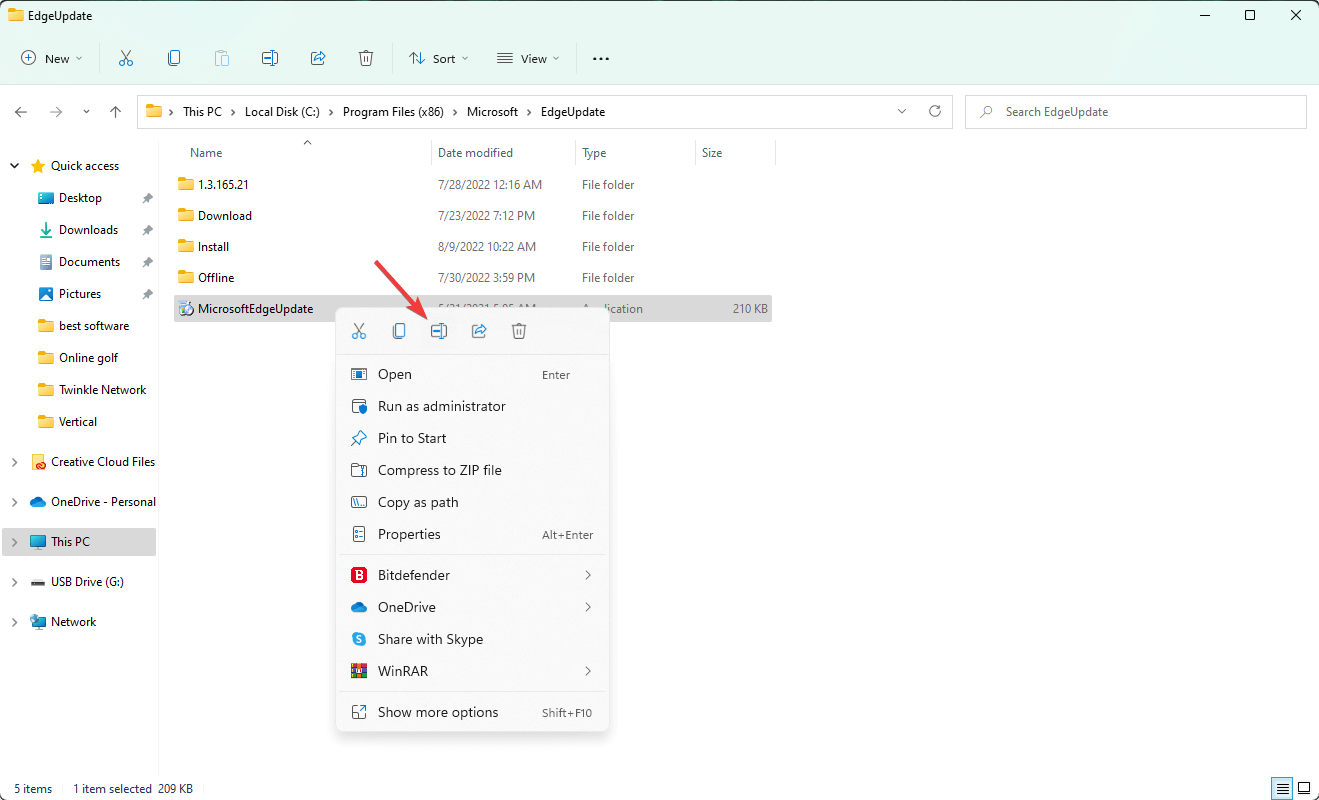 haciendo clic en el botón de cambio de nombre para msedgeupdate windows 11