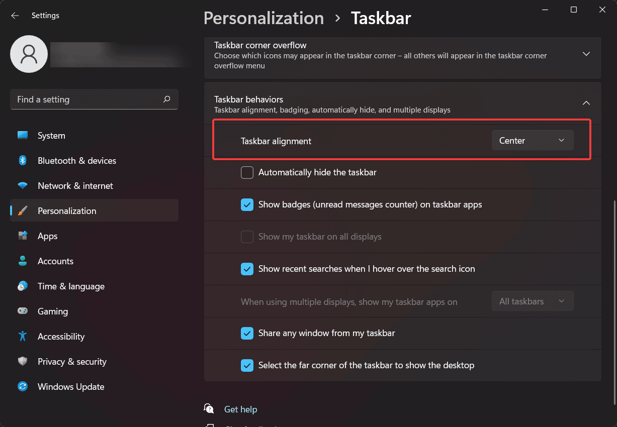 configuración de alineación de la barra de tareas windows 11