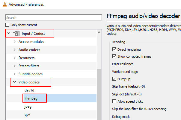Abrir la configuración de FFmpeg en VLC media player