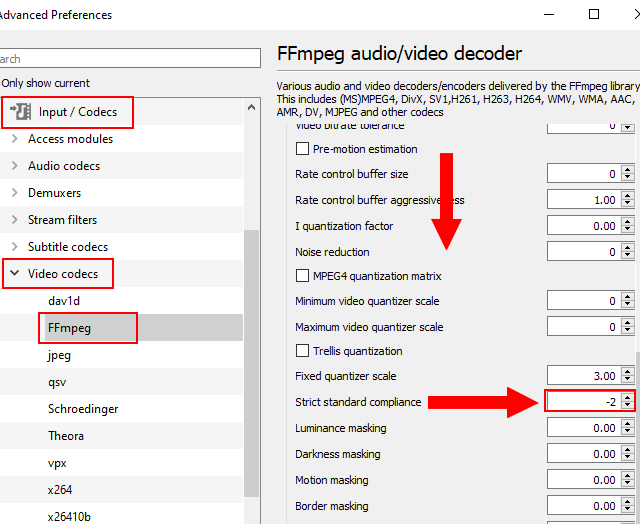 La configuración del cumplimiento estricto de la norma FFmpeg en el reproductor multimedia VLC