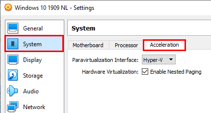 Abra la configuración de aceleración de la máquina virtual en VirtualBox