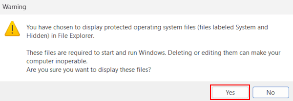 Advertencia sobre la visualización de archivos protegidos del sistema operativo en Windows 11