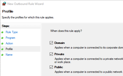 Opciones públicas y privadas del dominio del Firewall de Windows