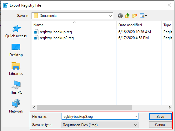 Guardar el archivo de copia de seguridad del registro de Windows