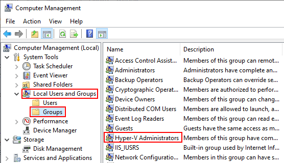 Abrir la configuración de administradores de Hyper-V en Windows 10