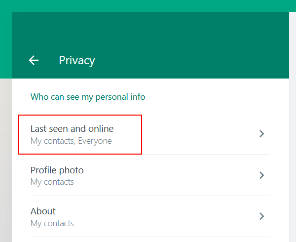 Abrir los ajustes de últimas vistas y en línea en WhatsApp Web