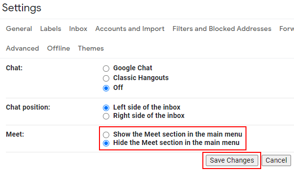 Desactivación de la sección Reunirse en Gmail