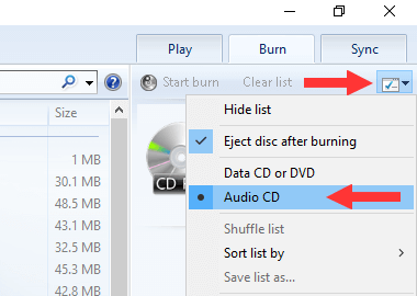 Opciones de grabación de CD de audio del Reproductor de Windows Media