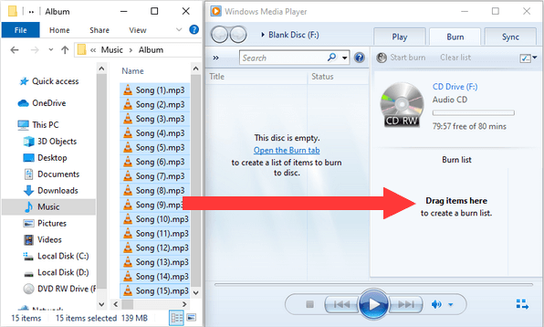 Arrastre archivos MP3 desde el Explorador de Windows a la lista de grabación del Reproductor de Windows Media