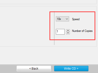 Opciones de velocidad de grabación y recuento de copias de Ashampoo Burning Studio Free