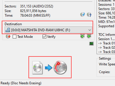 Configuración de destino y botón Write en ImgBurn