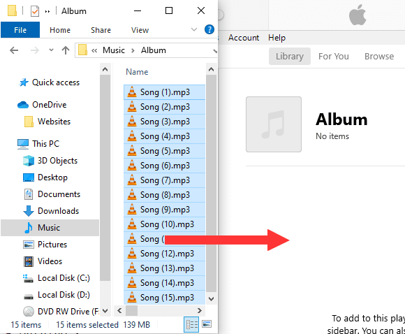Arrastra canciones del Explorador de Windows a la lista de reproducción de iTunes