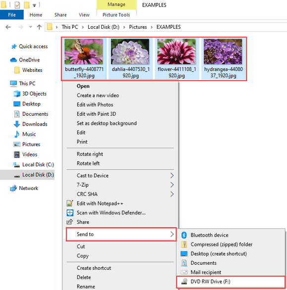 Enviar archivos a una grabadora de CD/DVD en el Explorador de archivos en Windows 10