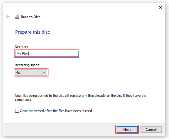 Ventana Grabar en disco de Windows 10